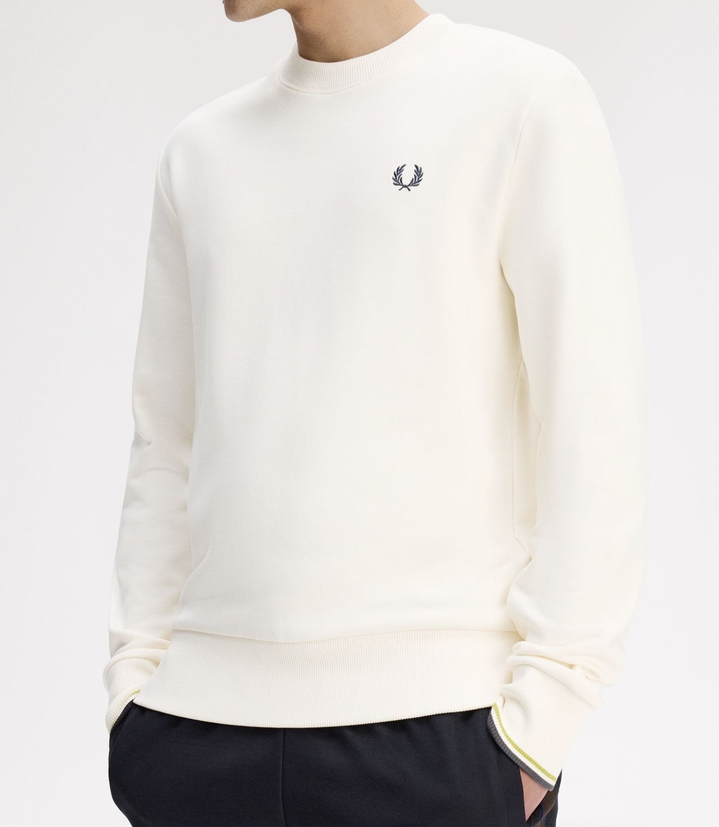 FRED PERRY COTTON FLEECE CREW NECK SWEATSHIRT ECRU/TENNIS BALL YELLOW/ANCHOR GREY XL RRP £90 BNWT