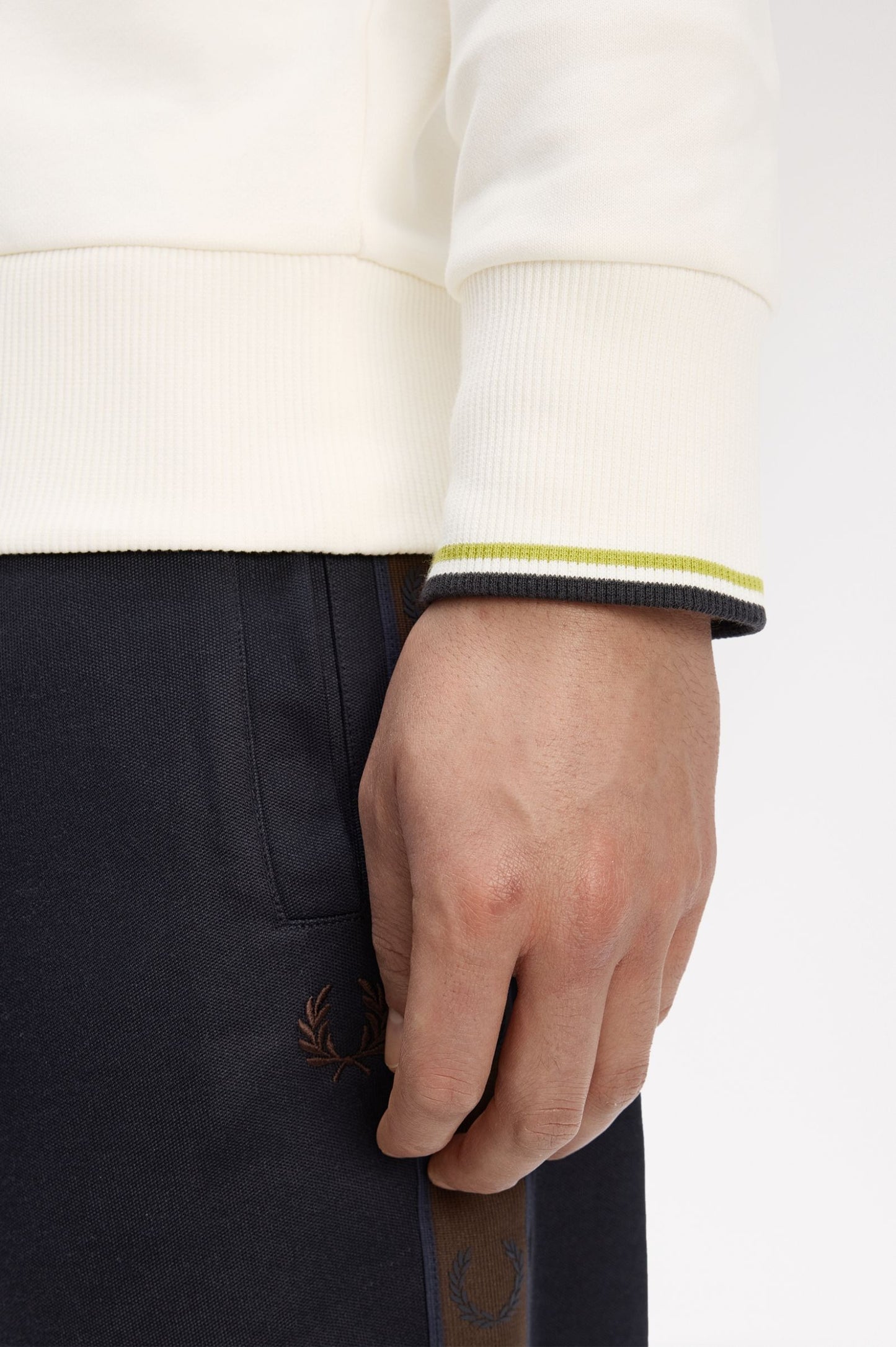FRED PERRY COTTON FLEECE CREW NECK SWEATSHIRT ECRU/TENNIS BALL YELLOW/ANCHOR GREY XL RRP £90 BNWT