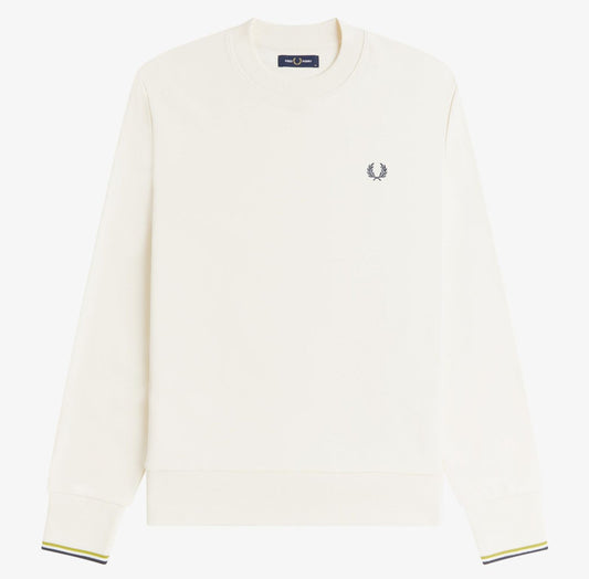 FRED PERRY COTTON FLEECE CREW NECK SWEATSHIRT ECRU/TENNIS BALL YELLOW/ANCHOR GREY XL RRP £90 BNWT