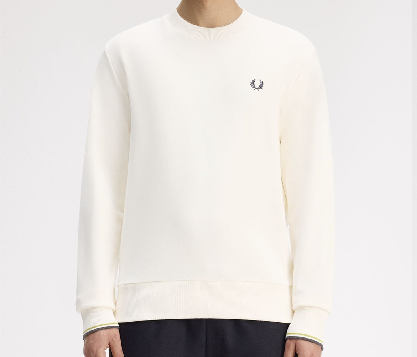 FRED PERRY COTTON FLEECE CREW NECK SWEATSHIRT ECRU/TENNIS BALL YELLOW/ANCHOR GREY XL RRP £90 BNWT