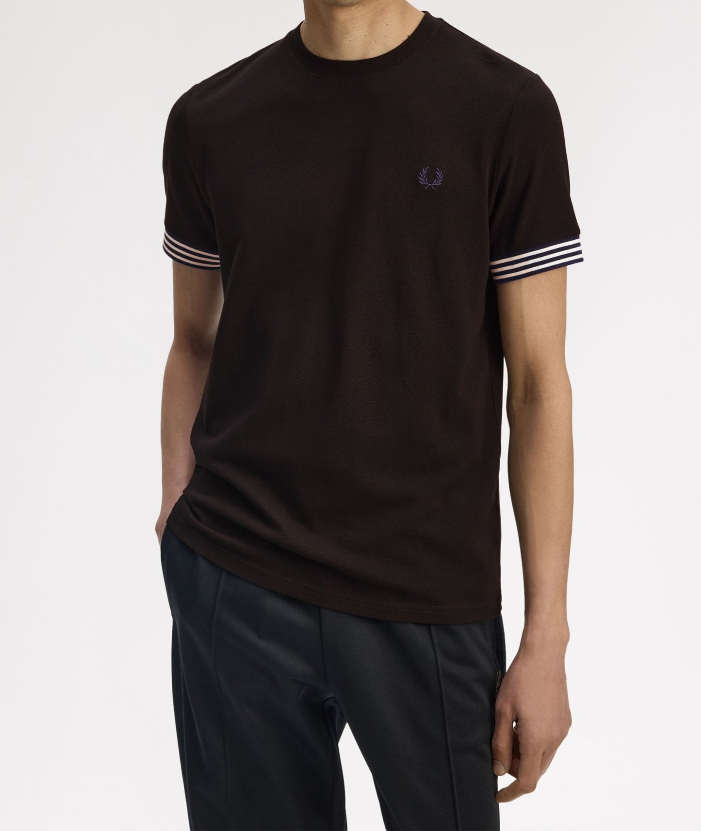 FRED PERRY STRIPED CUFF PIQUE COTTON T-SHIRT BLACK LARGE RRP £60 BNWT