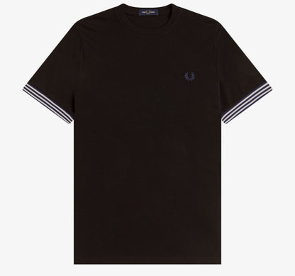 FRED PERRY STRIPED CUFF PIQUE COTTON T-SHIRT BLACK RRP £60 BNWT