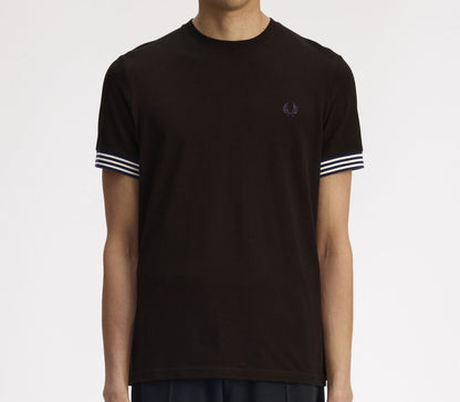 FRED PERRY STRIPED CUFF PIQUE COTTON T-SHIRT BLACK RRP £60 BNWT