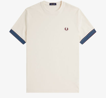 FRED PERRY STRIPED CUFF PIQUE COTTON T-SHIRT ECRU (CREAM) 2XL RRP £60 BNWT