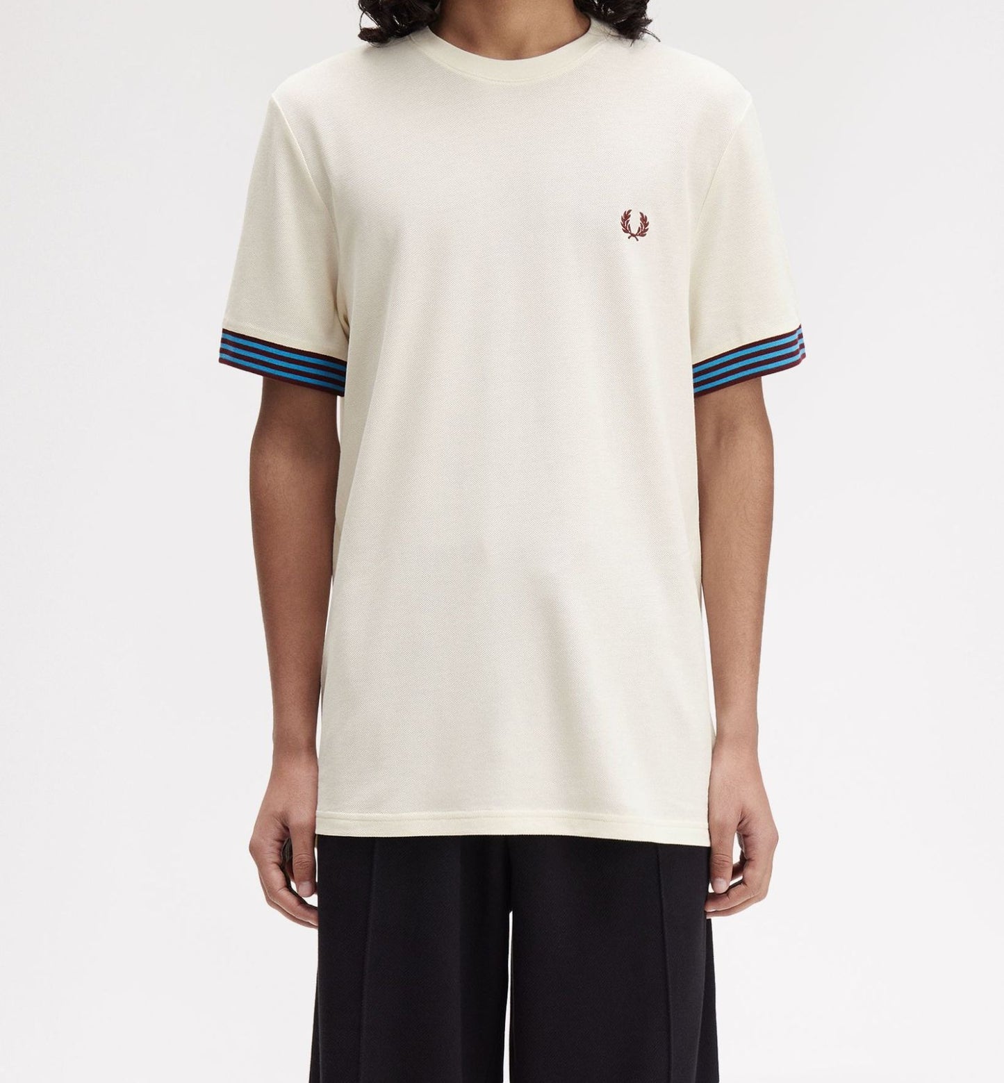 FRED PERRY STRIPED CUFF PIQUE COTTON T-SHIRT ECRU (CREAM) 2XL RRP £60 BNWT