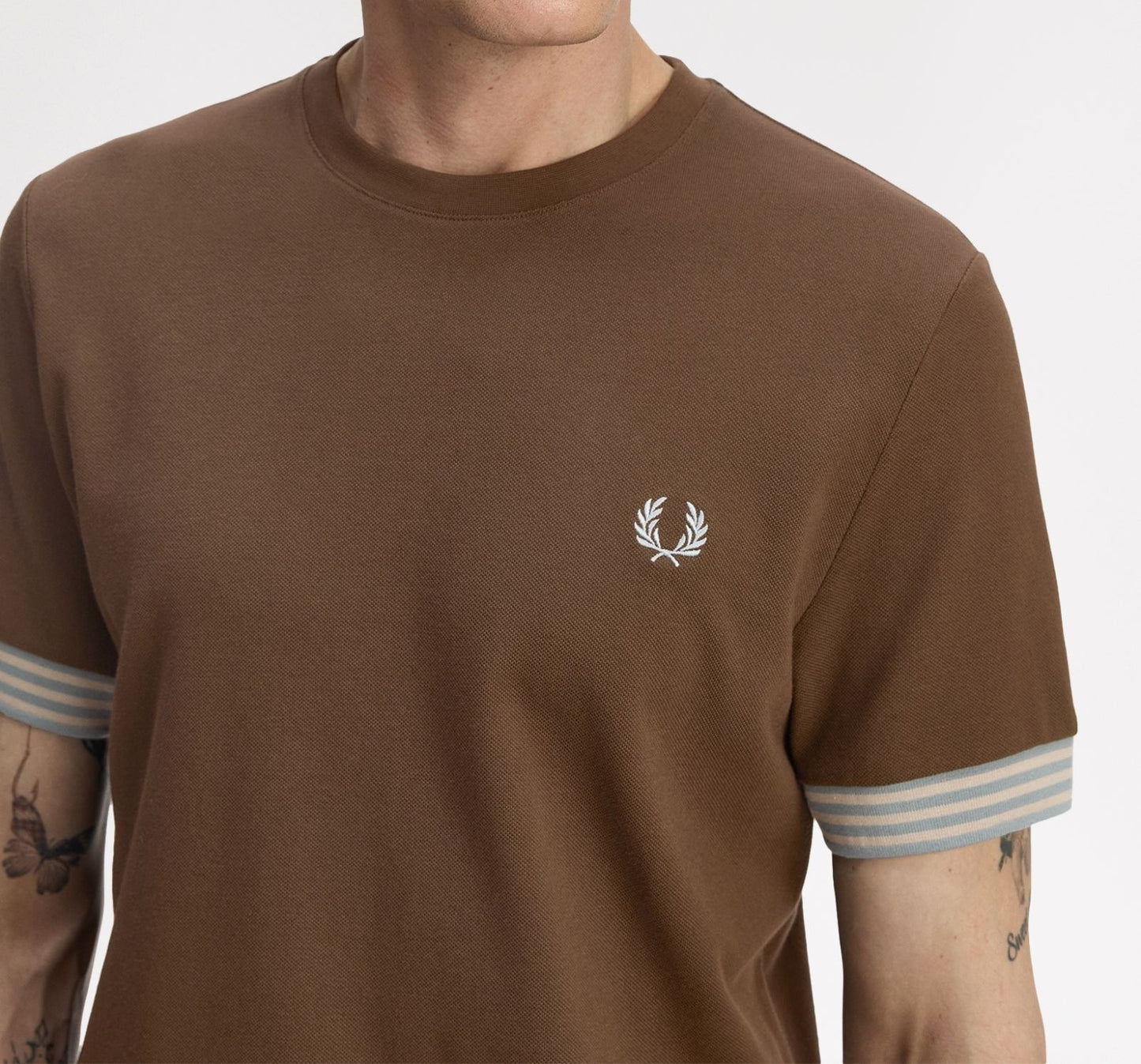 FRED PERRY STRIPED CUFF PIQUE COTTON T-SHIRT BURNT TOBACCO BROWN XL RRP £60 BNWT