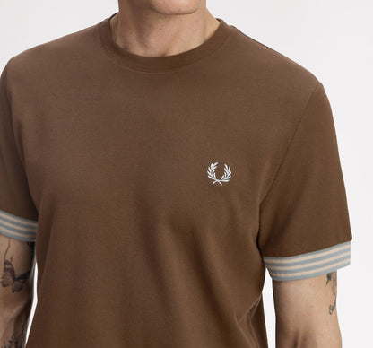 FRED PERRY STRIPED CUFF PIQUE COTTON T-SHIRT BURNT TOBACCO BROWN XL RRP £60 BNWT