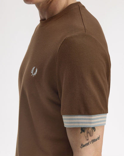FRED PERRY STRIPED CUFF PIQUE COTTON T-SHIRT BURNT TOBACCO BROWN XL RRP £60 BNWT