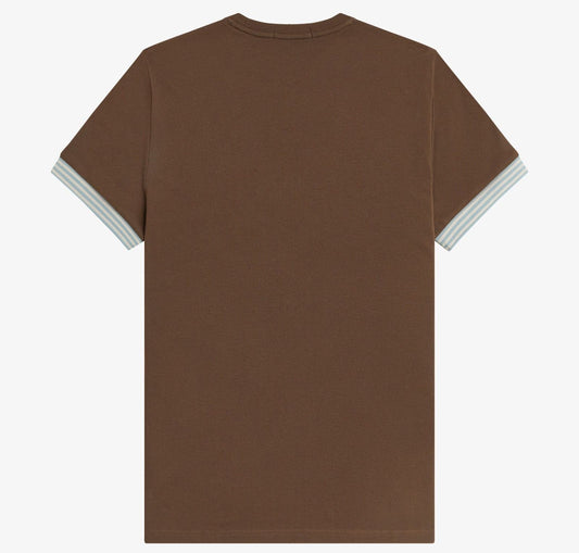 FRED PERRY STRIPED CUFF PIQUE COTTON T-SHIRT BURNT TOBACCO BROWN XL RRP £60 BNWT