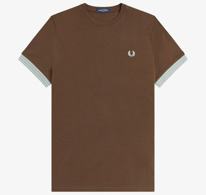 FRED PERRY STRIPED CUFF PIQUE COTTON T-SHIRT BURNT TOBACCO BROWN XL RRP £60 BNWT