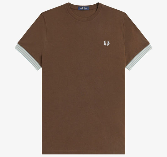 FRED PERRY STRIPED CUFF PIQUE COTTON T-SHIRT BURNT TOBACCO BROWN XL RRP £60 BNWT