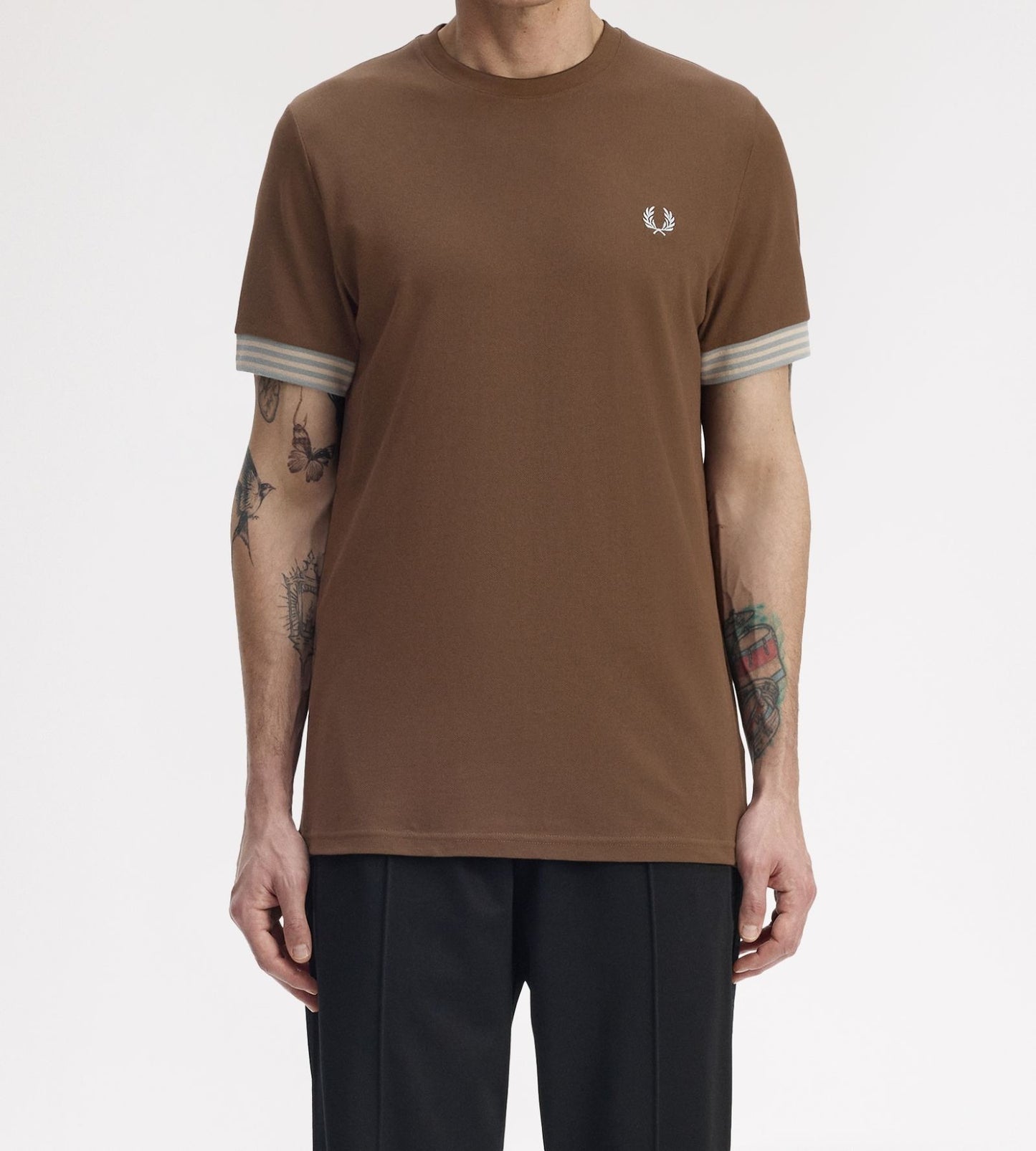 FRED PERRY STRIPED CUFF PIQUE COTTON T-SHIRT BURNT TOBACCO BROWN XL RRP £60 BNWT