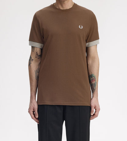 FRED PERRY STRIPED CUFF PIQUE COTTON T-SHIRT BURNT TOBACCO BROWN XL RRP £60 BNWT