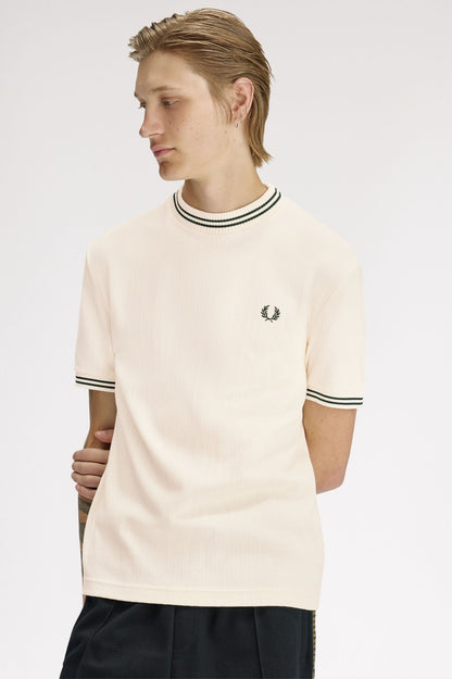 FRED PERRY RIBBED JERSEY COTTON T-SHIRT ECRU/BLACK XL RRP £75 BNWT