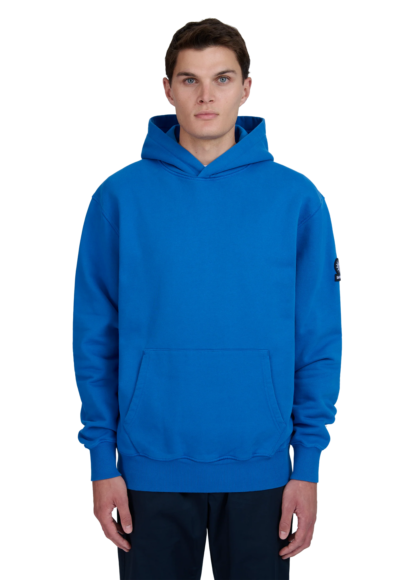SANDBANKS BADGE LOGO COTTON FLEECE HOODIE SWEATSHIRT COBALT BLUE RRP £185