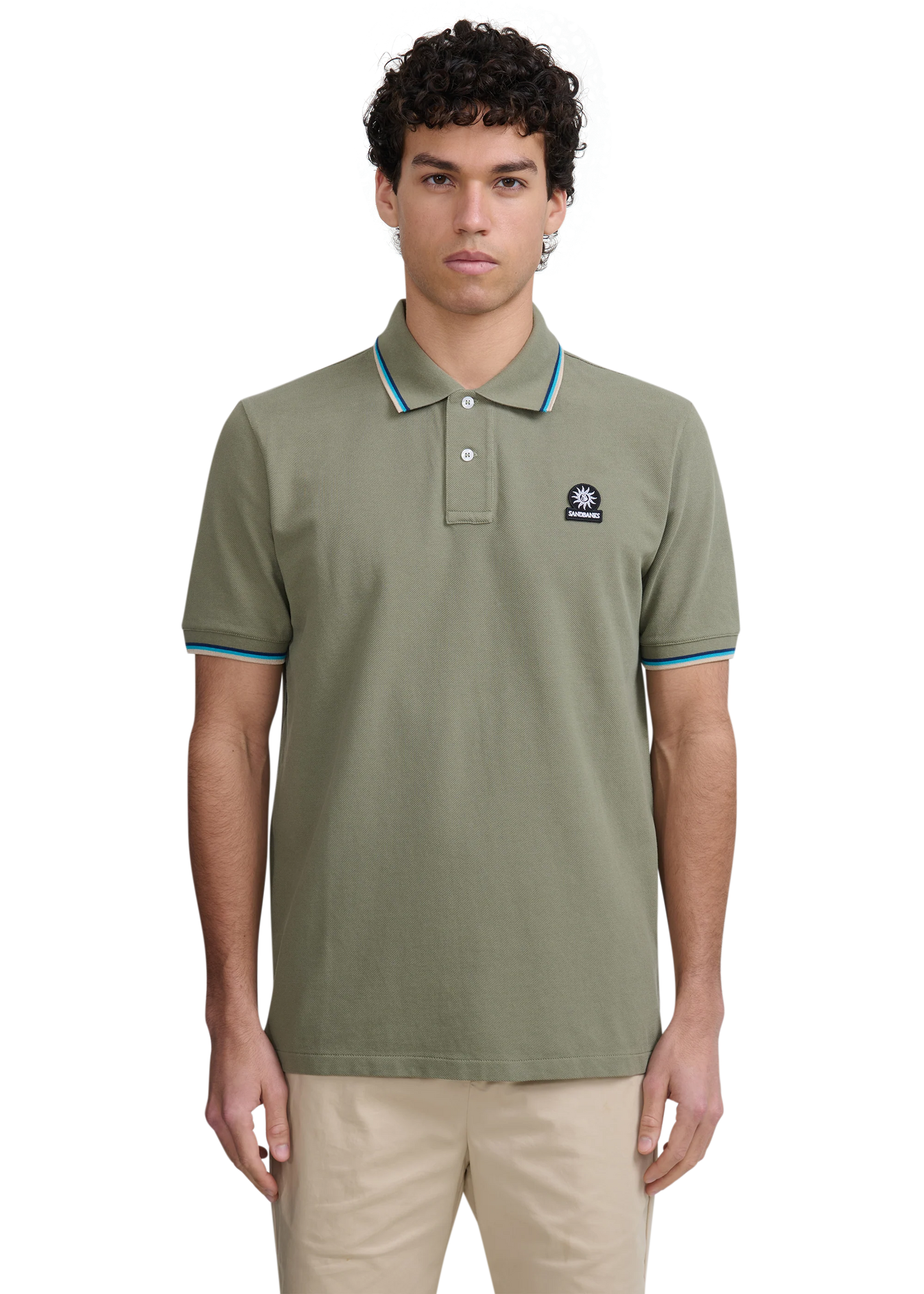 SANDBANKS TIPPED PIQUE COTTON BADGE LOGO POLO SHIRT ARMY GREEN 2XL RRP £115 BNWT