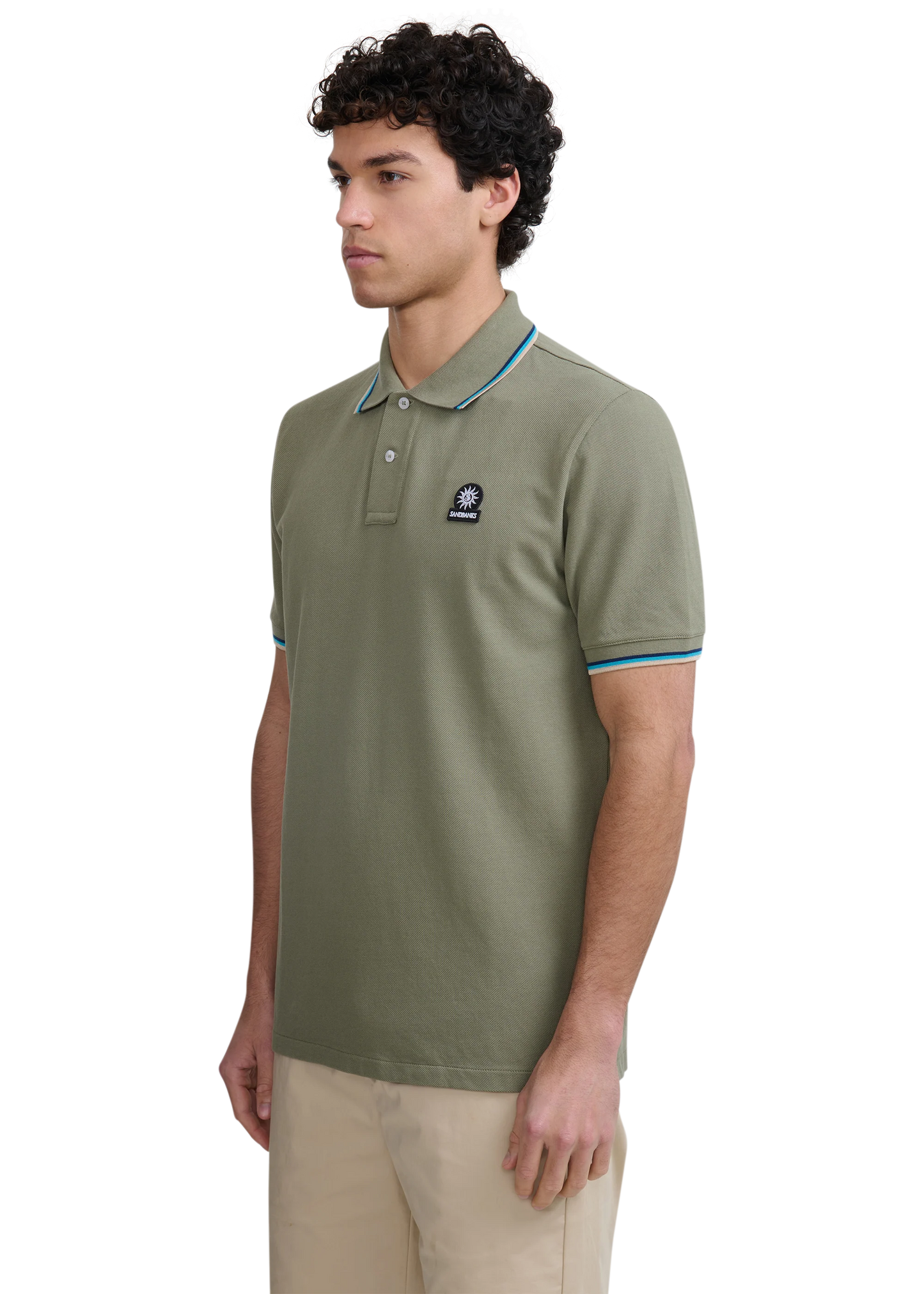 SANDBANKS TIPPED PIQUE COTTON BADGE LOGO POLO SHIRT ARMY GREEN 2XL RRP £115 BNWT