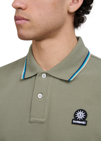 SANDBANKS TIPPED PIQUE COTTON BADGE LOGO POLO SHIRT ARMY GREEN 2XL RRP £115 BNWT