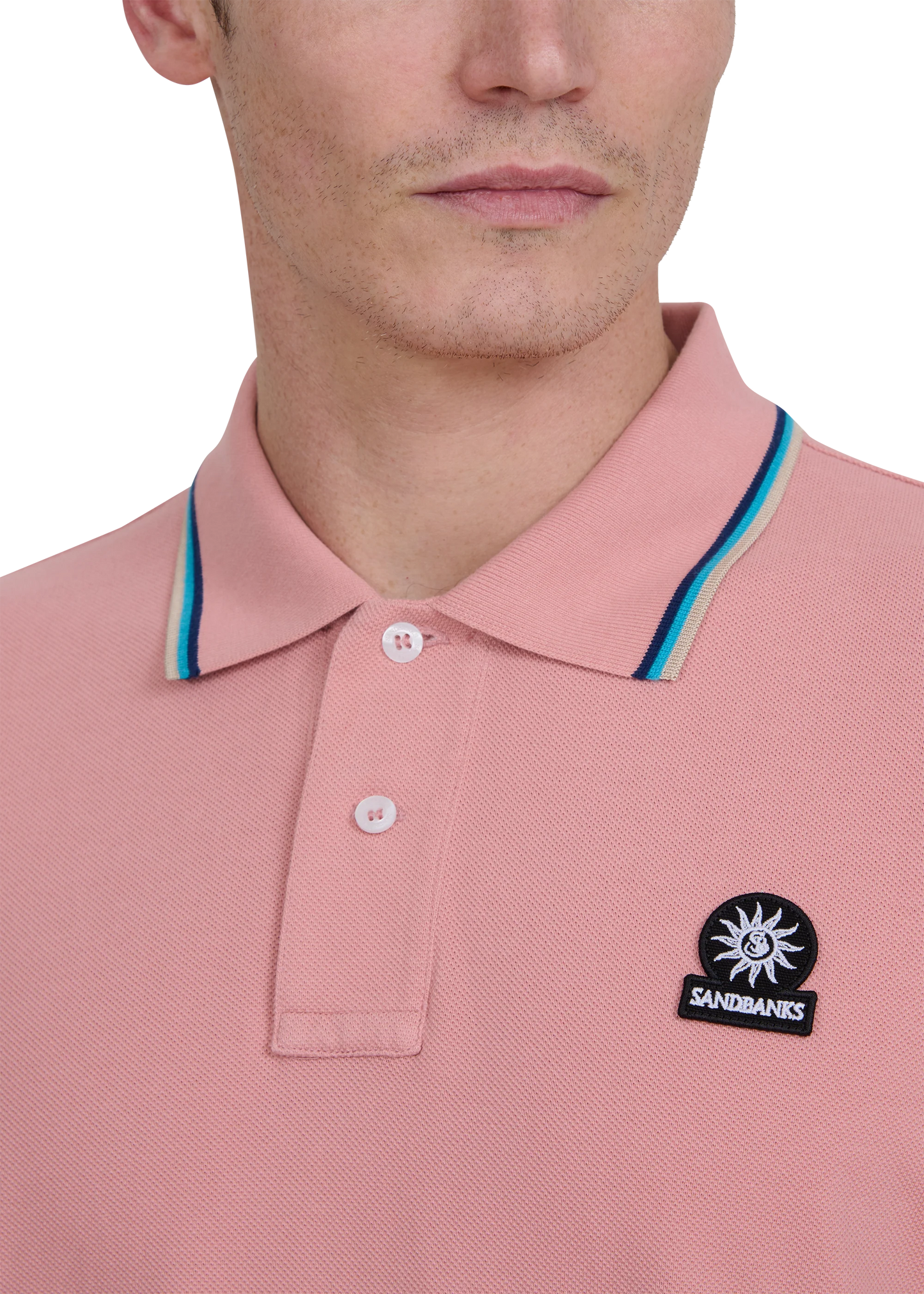 SANDBANKS TIPPED PIQUE COTTON BADGE LOGO POLO SHIRT DUSTY PINK XL RRP £115 BNWT