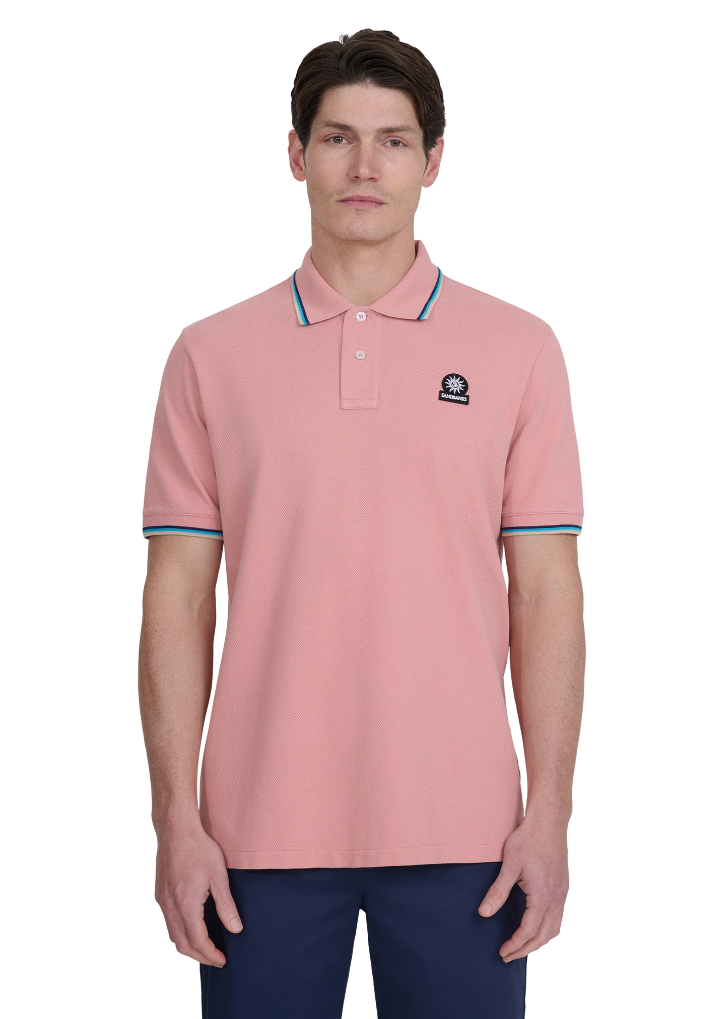 SANDBANKS TIPPED PIQUE COTTON BADGE LOGO POLO SHIRT DUSTY PINK XL RRP £115 BNWT