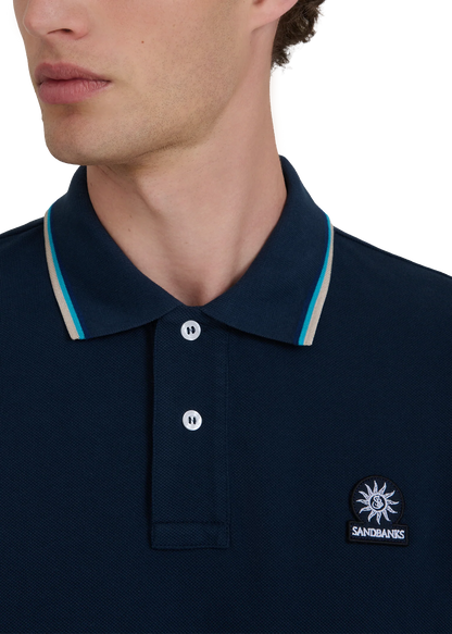 SANDBANKS TIPPED PIQUE COTTON BADGE LOGO POLO SHIRT NAVY 5XL RRP £115 BNWT