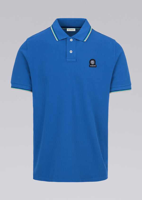 SANDBANKS TIPPED PIQUE COTTON BADGE LOGO POLO SHIRT NAUTICAL BLUE RRP £115 BNWT
