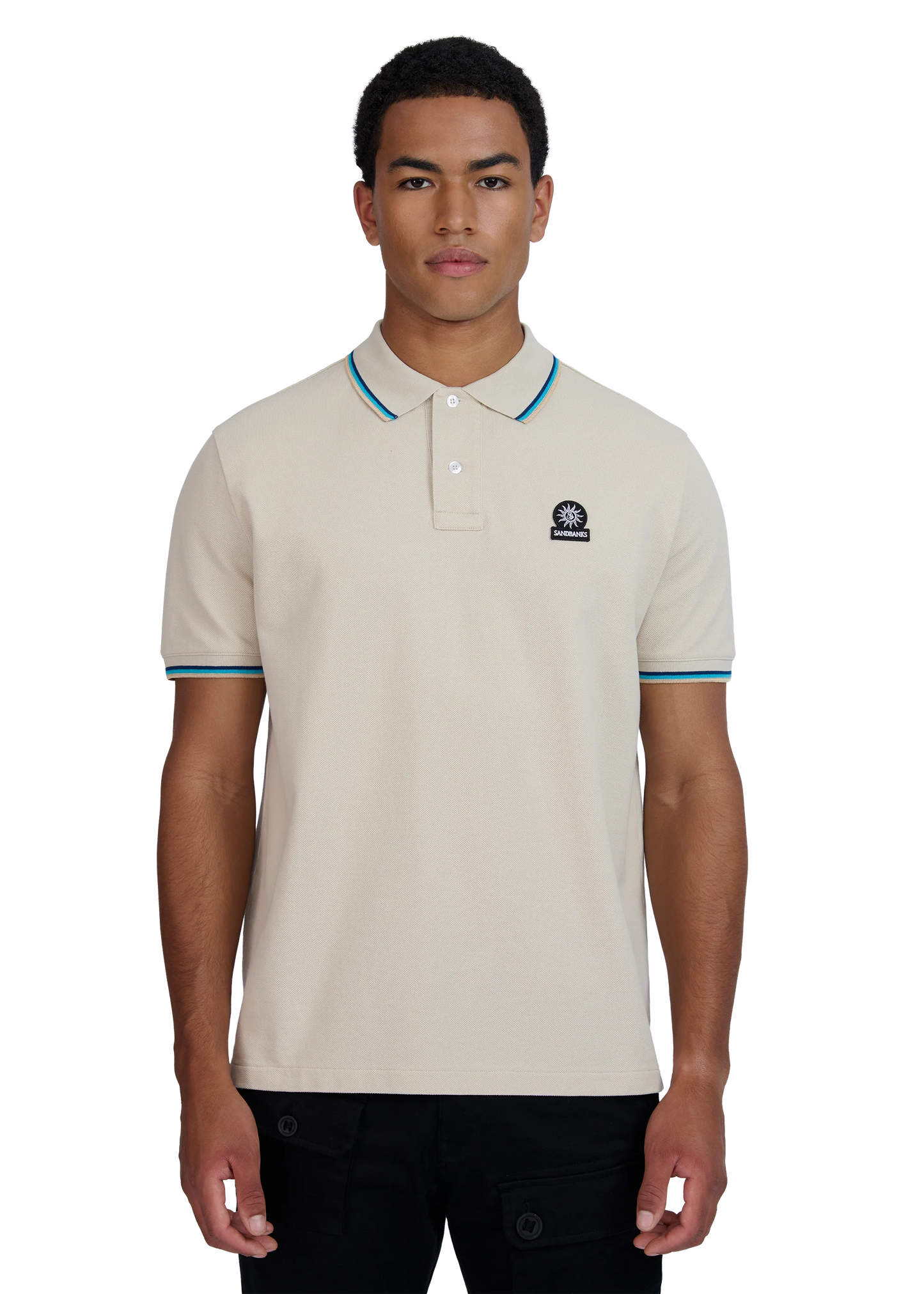SANDBANKS TIPPED PIQUE COTTON BADGE LOGO POLO SHIRT STONE 2XL RRP £115 BNWT