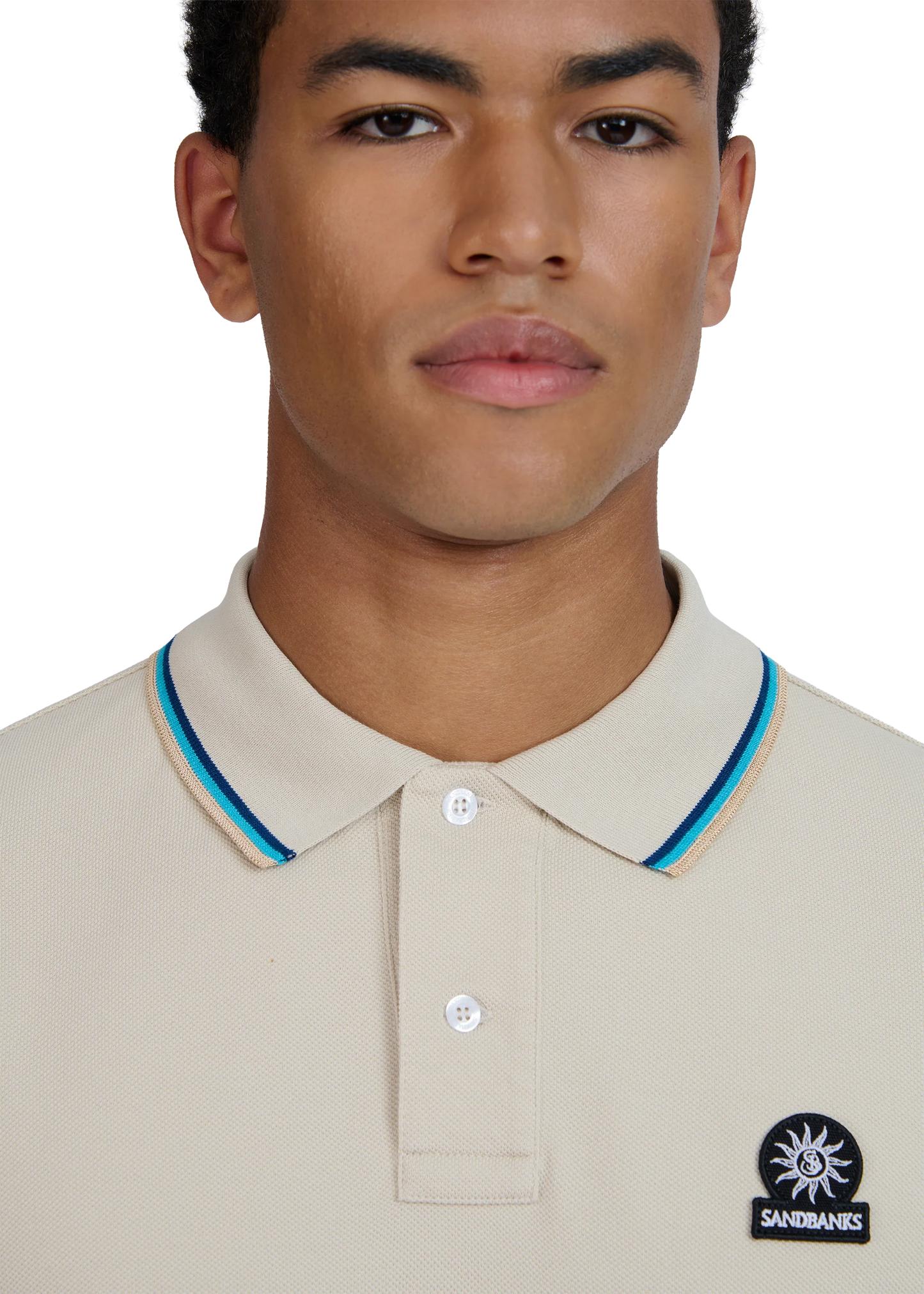 SANDBANKS TIPPED PIQUE COTTON BADGE LOGO POLO SHIRT STONE 2XL RRP £115 BNWT