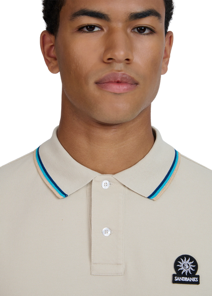 SANDBANKS TIPPED PIQUE COTTON BADGE LOGO POLO SHIRT STONE 2XL RRP £115 BNWT