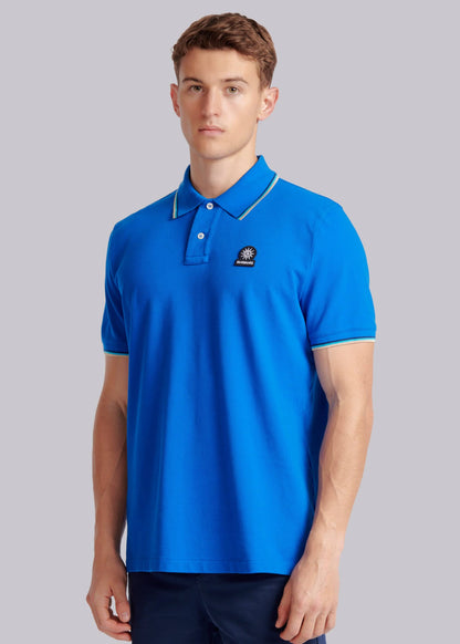 SANDBANKS TIPPED PIQUE COTTON BADGE LOGO POLO SHIRT NAUTICAL BLUE RRP £115 BNWT