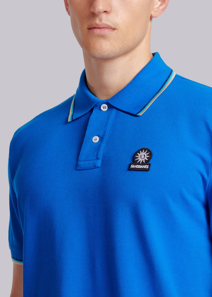 SANDBANKS TIPPED PIQUE COTTON BADGE LOGO POLO SHIRT NAUTICAL BLUE RRP £115 BNWT