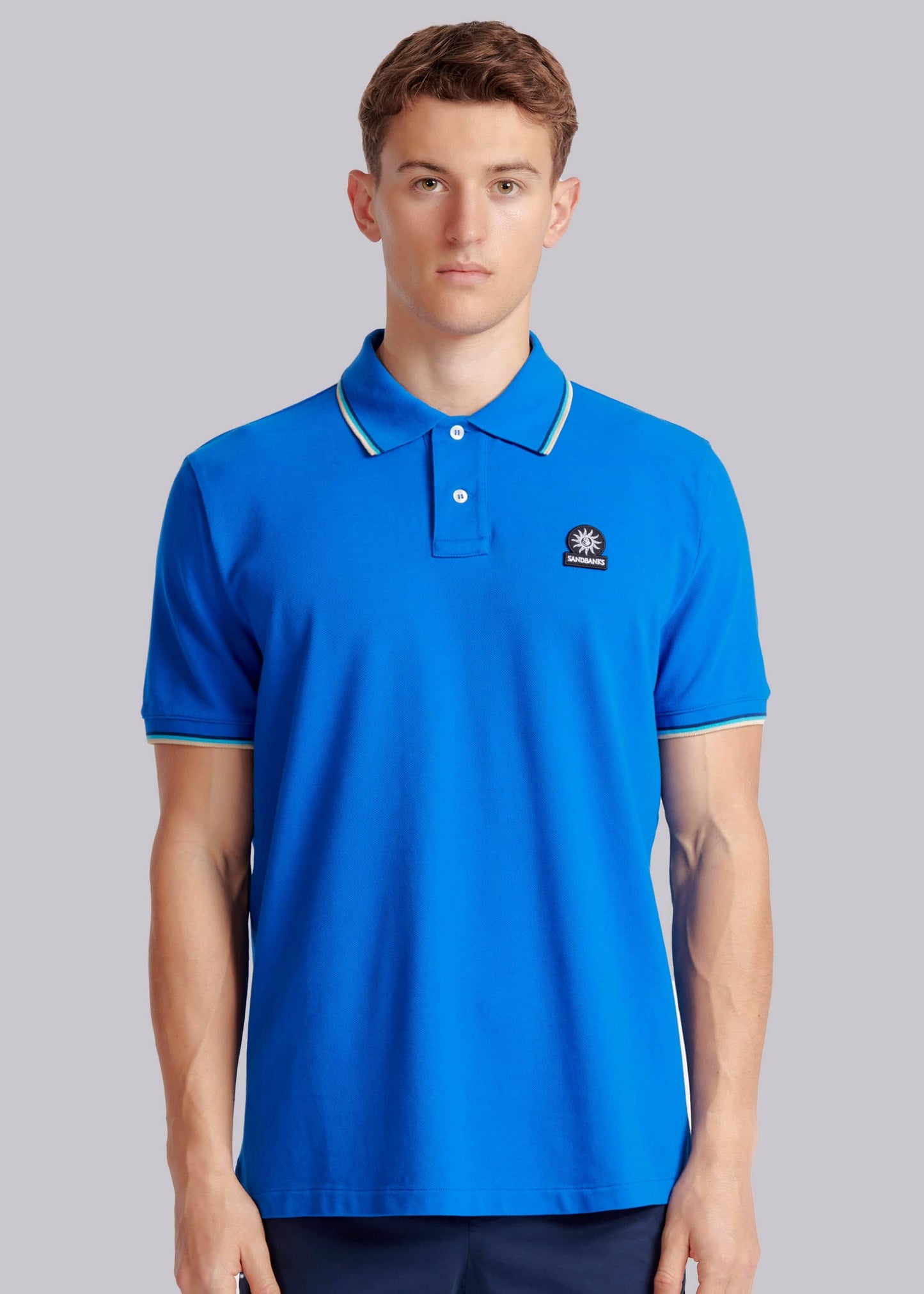 SANDBANKS BADGE LOGO TIPPED POLO SHIRT NAUTICAL BLUE RRP £115 BNWT