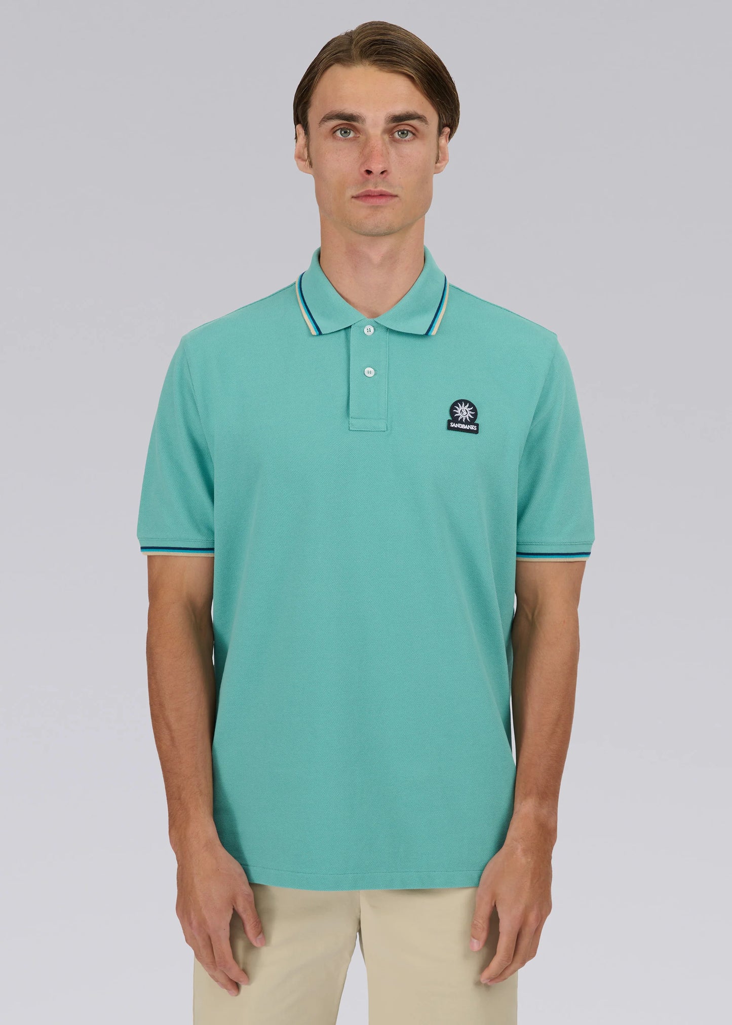 SANDBANKS BADGE LOGO TIPPED POLO SHIRT TURQUOISE RRP £115 BNWT