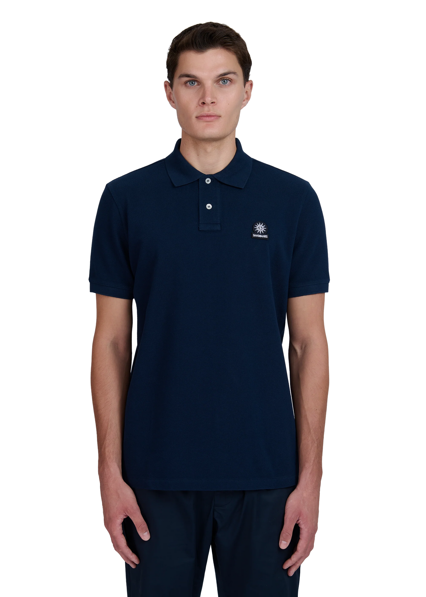 SANDBANKS BADGE LOGO POLO SHIRT NAVY BLUE MEDIUM RRP £115 BNWT