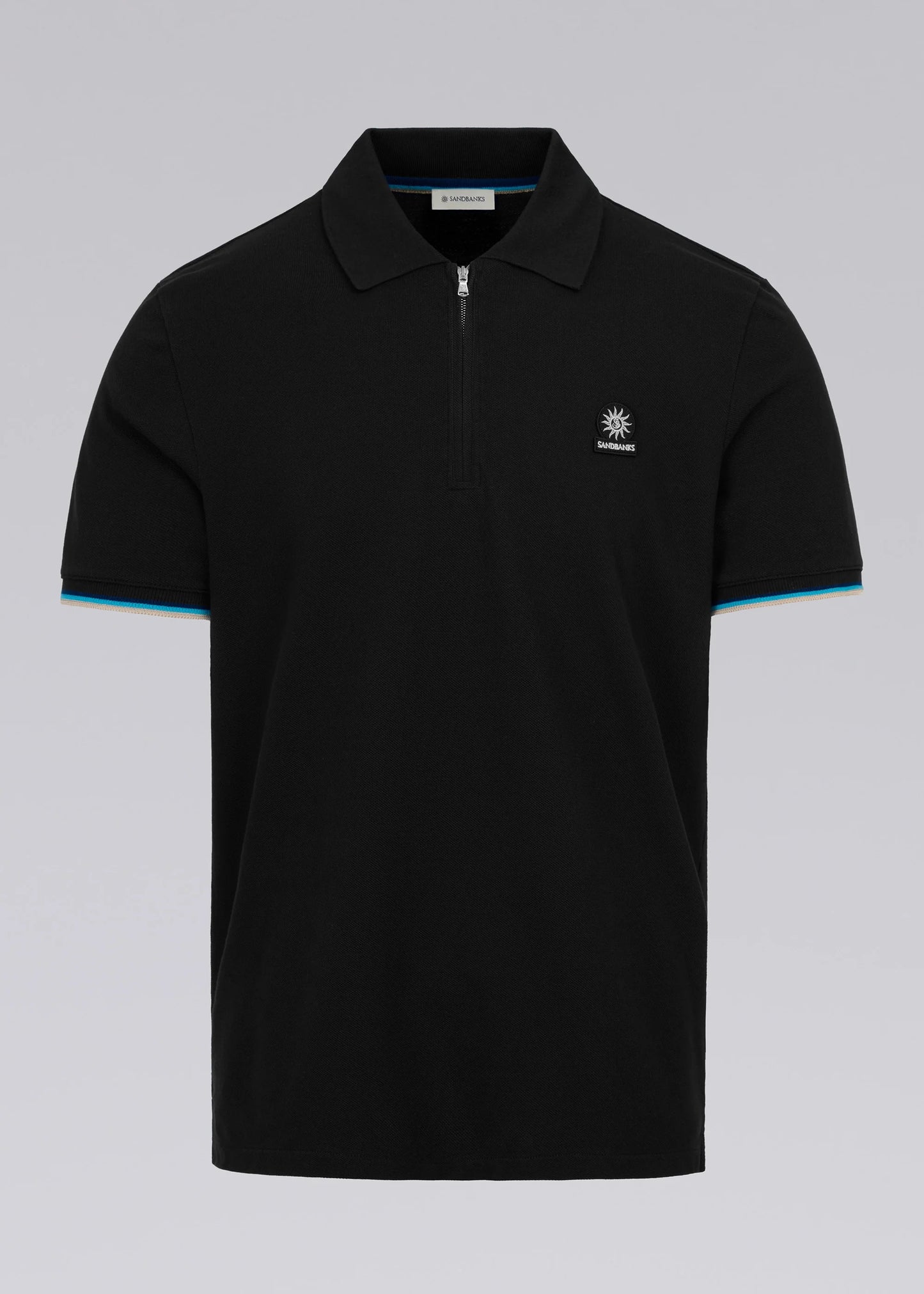 SANDBANKS ZIP UP TIPPED SLEEVE PIQUE COTTON POLO SHIRT BLACK RRP £120 BNWT