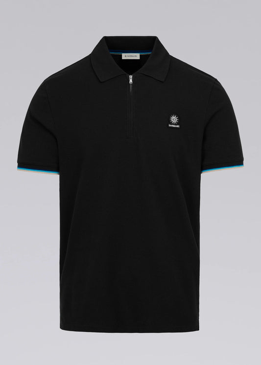 SANDBANKS ZIP UP TIPPED SLEEVE PIQUE COTTON POLO SHIRT BLACK RRP £120 BNWT