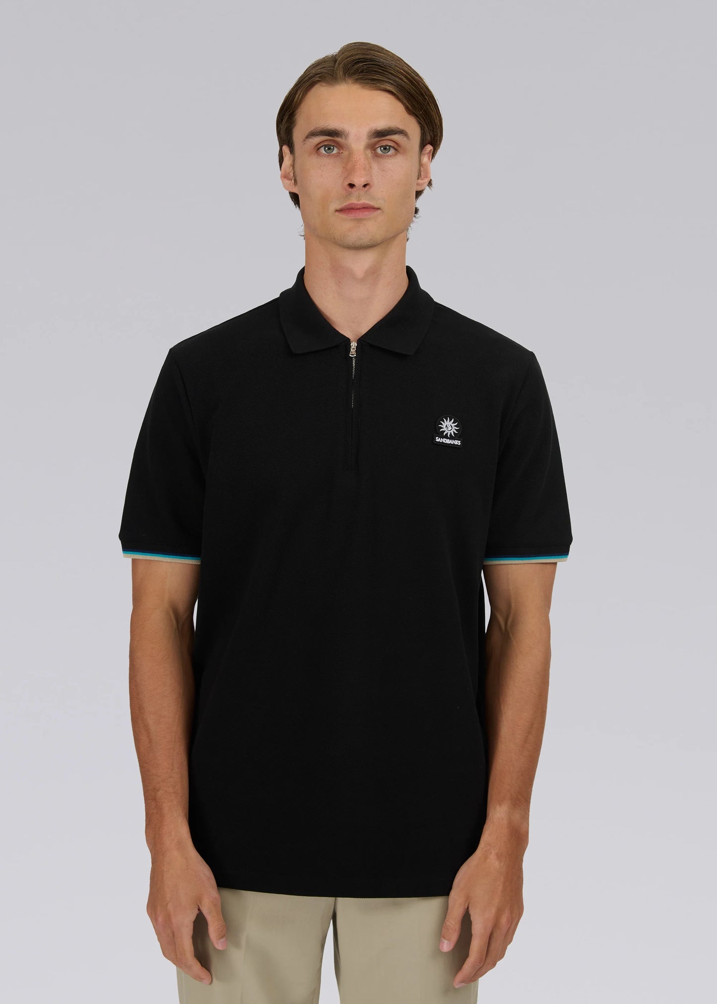 SANDBANKS ZIP UP TIPPED SLEEVE PIQUE COTTON POLO SHIRT BLACK RRP £120 BNWT