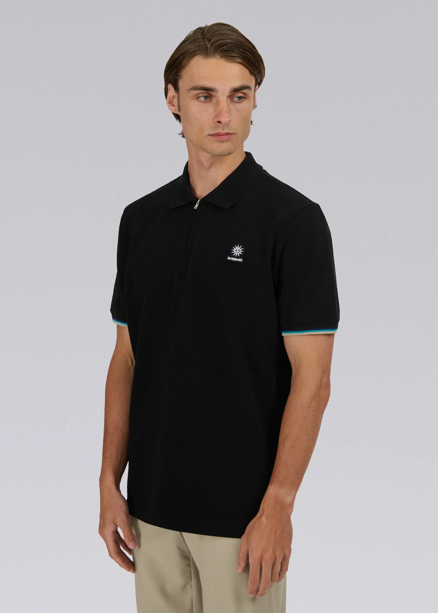 SANDBANKS ZIP UP TIPPED SLEEVE PIQUE COTTON POLO SHIRT BLACK RRP £120 BNWT