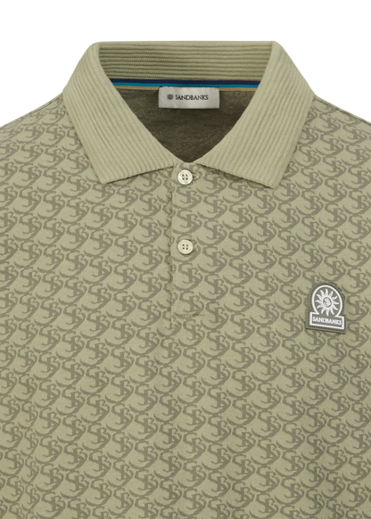 SANDBANKS MONOGRAM JACQUARD COTTON POLO SHIRT SAGE GREEN S/M RRP £145 BNWT