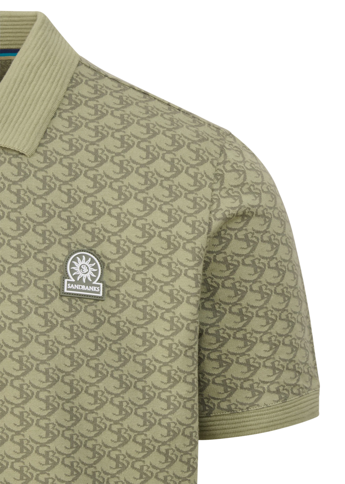 SANDBANKS MONOGRAM JACQUARD COTTON POLO SHIRT SAGE GREEN S/M RRP £145 BNWT