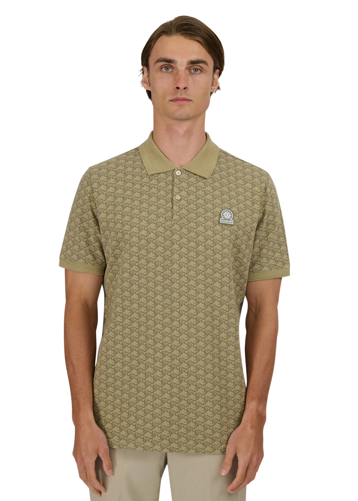 SANDBANKS MONOGRAM JACQUARD COTTON POLO SHIRT SAGE GREEN S/M RRP £145 BNWT