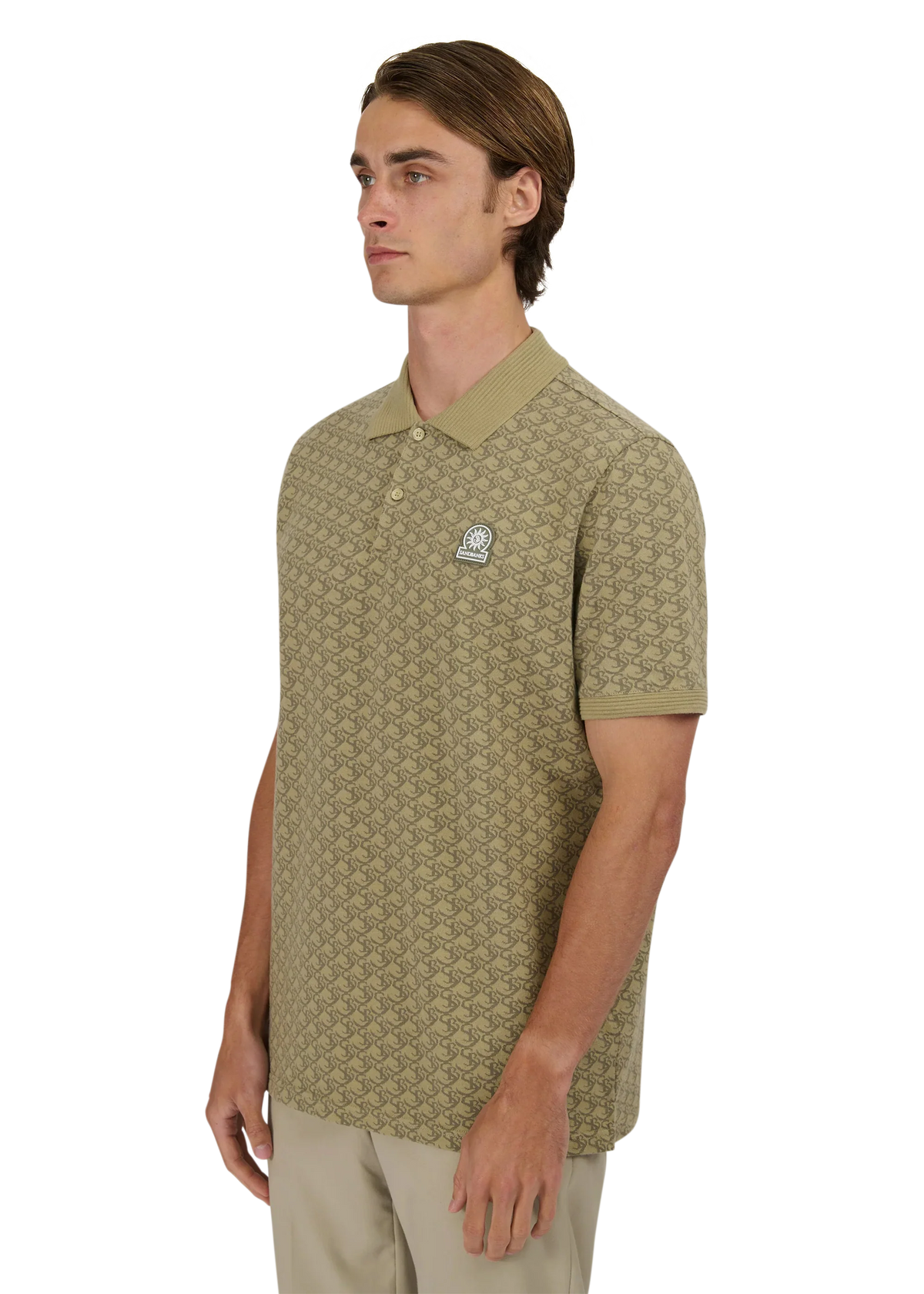 SANDBANKS MONOGRAM JACQUARD COTTON POLO SHIRT SAGE GREEN S/M RRP £145 BNWT