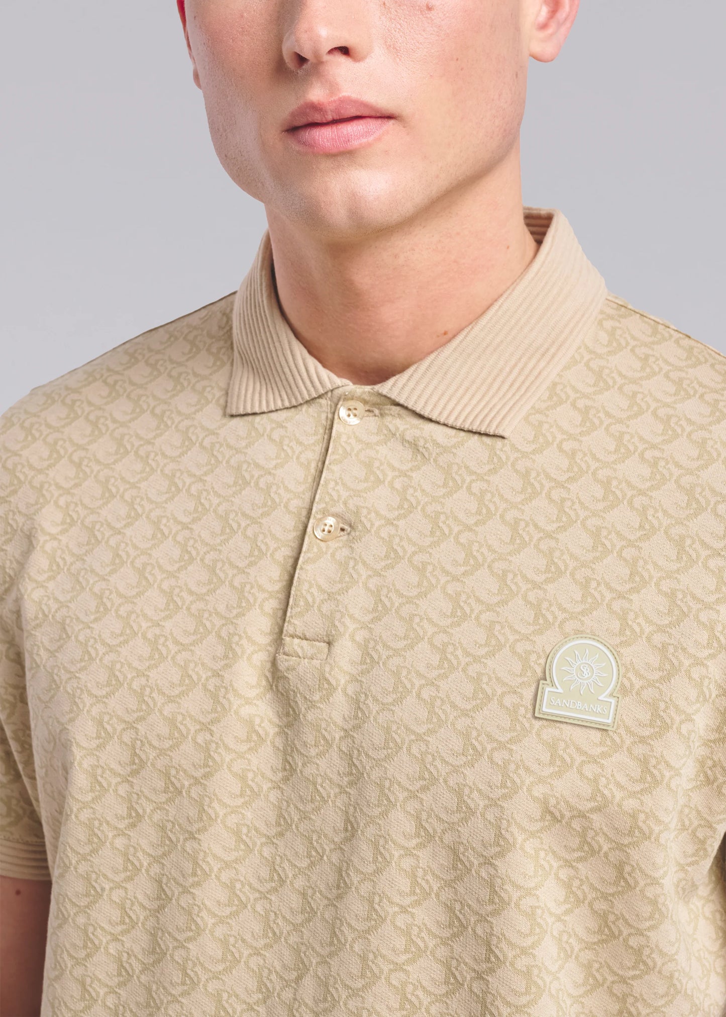 SANDBANKS JACQUARD COTTON MONOGRAM PRINT POLO SHIRT IN SAND 3XL RRP £145 BNWT