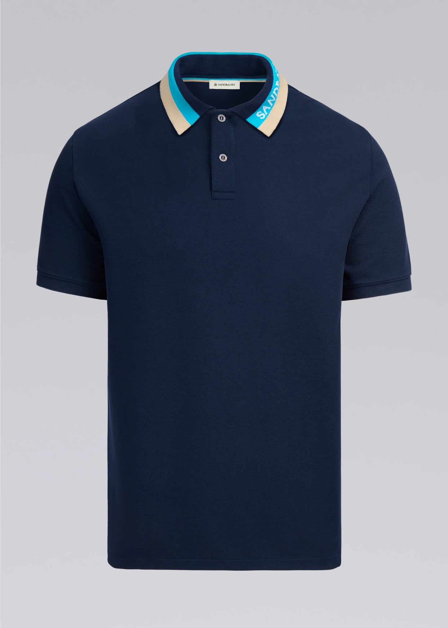 SANDBANKS TRI COLOUR COLLAR PIQUE COTTON POLO SHIRT NAVY RRP £130 BNWT