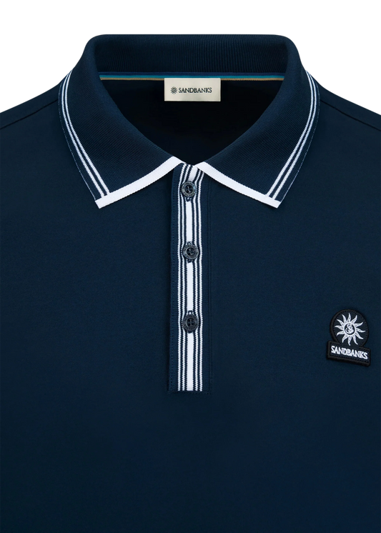 SANDBANKS CONTRAST STRIPE PLACKET COTTON POLO SHIRT NAVY XL RRP £135 BNWT