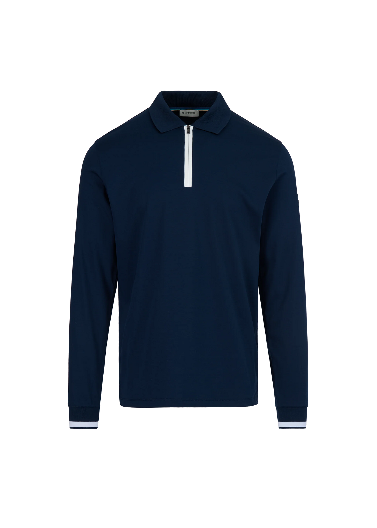 SANDBANKS SILICONE ZIP SLIM FIT LONG SLEEVE COTTON POLO SHIRT NAVY RRP £155 BNWT