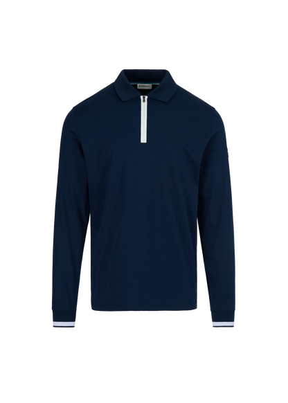 SANDBANKS SILICONE ZIP SLIM FIT LONG SLEEVE COTTON POLO SHIRT NAVY RRP £155 BNWT