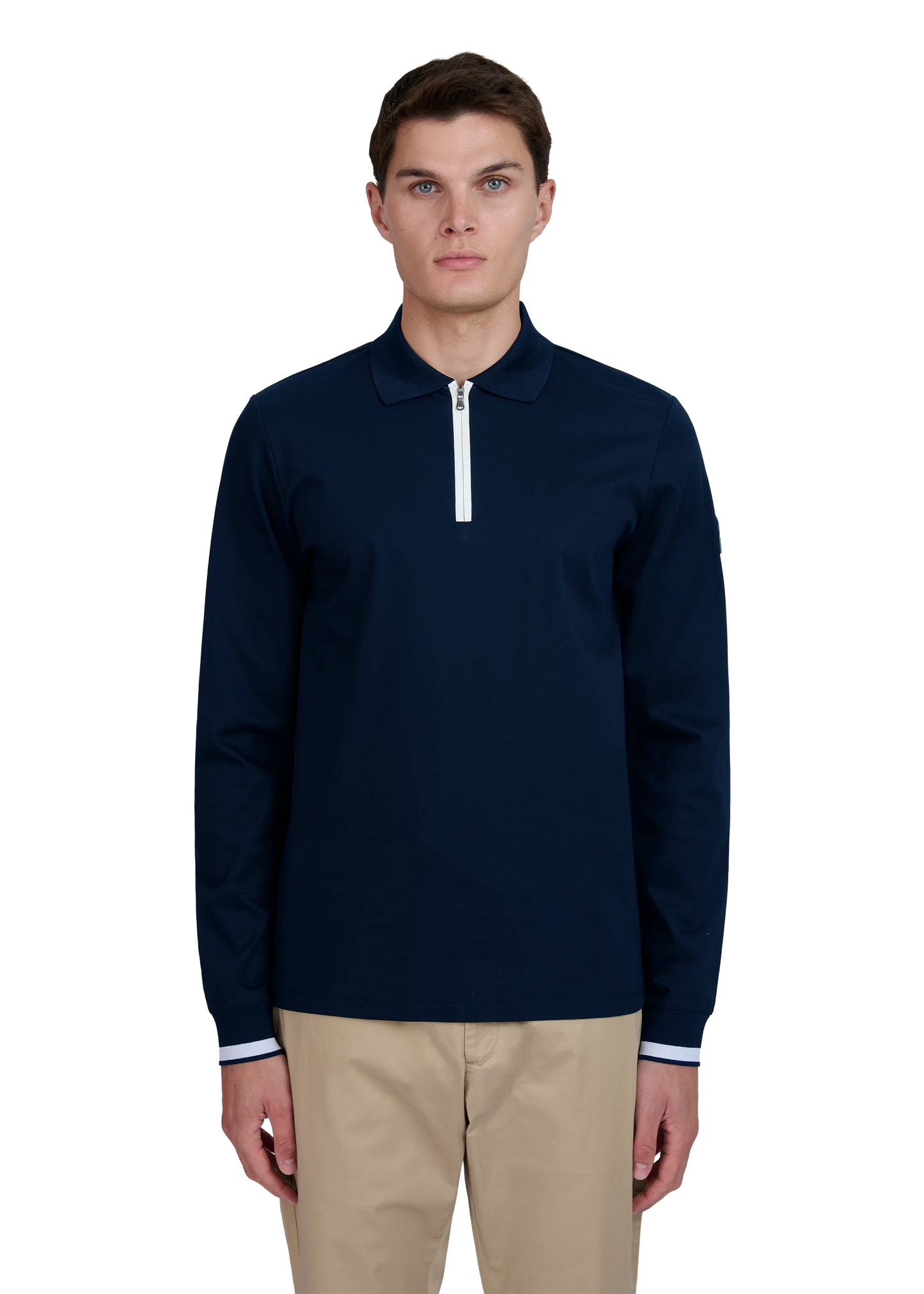 SANDBANKS SILICONE ZIP SLIM FIT LONG SLEEVE COTTON POLO SHIRT NAVY RRP £155 BNWT