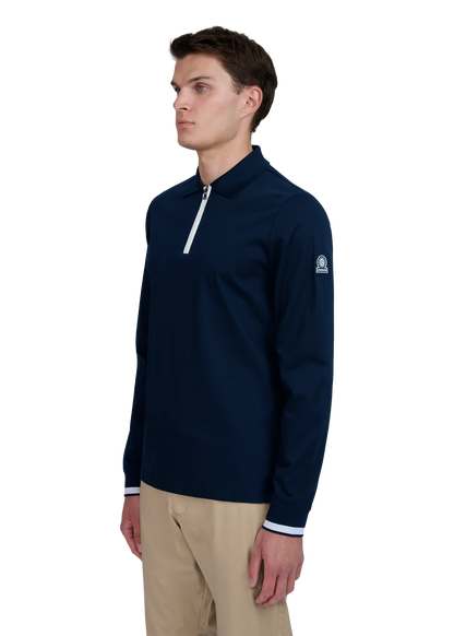 SANDBANKS SILICONE ZIP SLIM FIT LONG SLEEVE COTTON POLO SHIRT NAVY RRP £155 BNWT