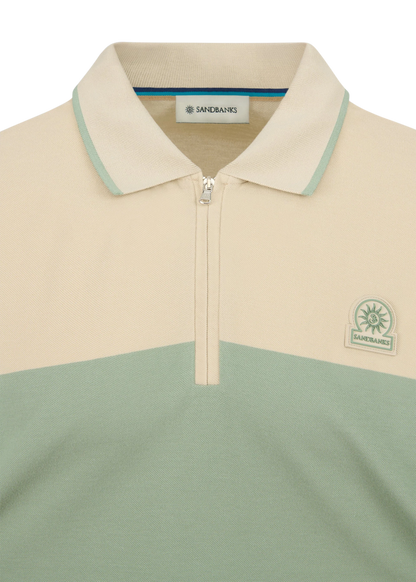 SANDBANKS BADGE LOGO 1/4 ZIP COLOURBLOCK POLO SHIRT SAGE GREEN 2XL RRP £125 NEW